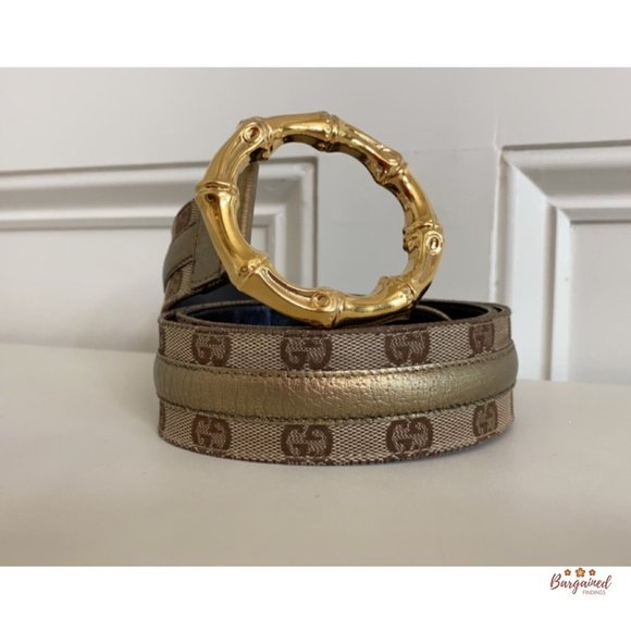 Auth Gucci Monogram Canvas Gold Metallic Leather Bamboo Metal Buckle Belt 88/34 - Picture 12 of 13